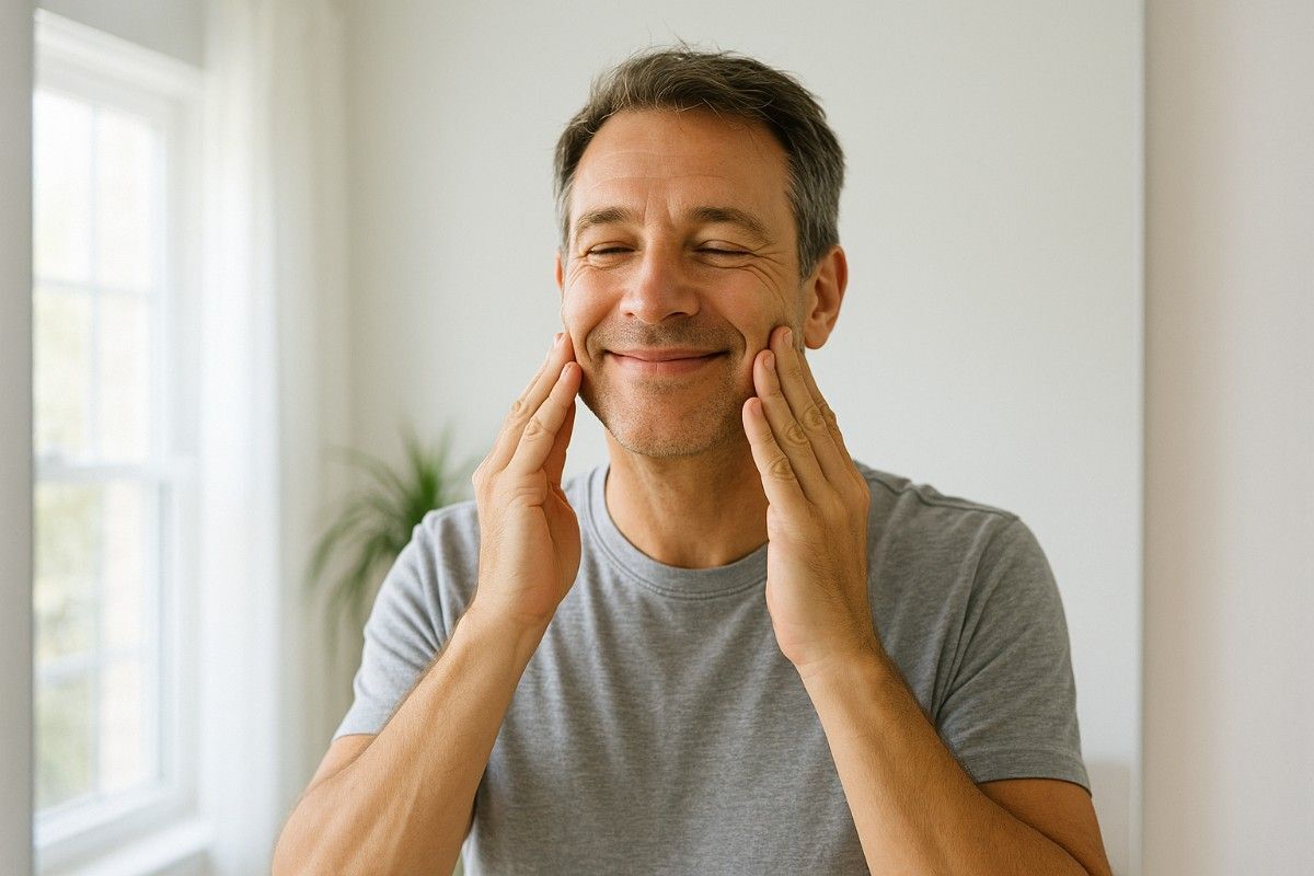 Sleep Apnea vs. Snoring Man smiling and touching his cheeks in a bright room.